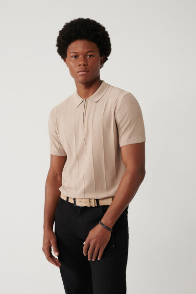 Men's Beige Polo Neck T-shirt - 1