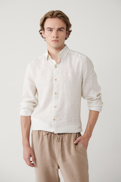 Men's Beige Shirt with British Collar and Leaf Pattern, 100% Linen Regular Fit A41y2120 - 7