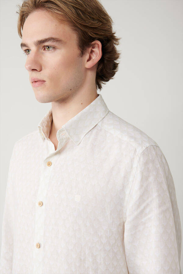 Men's Beige Shirt with British Collar and Leaf Pattern, 100% Linen Regular Fit A41y2120 - 8