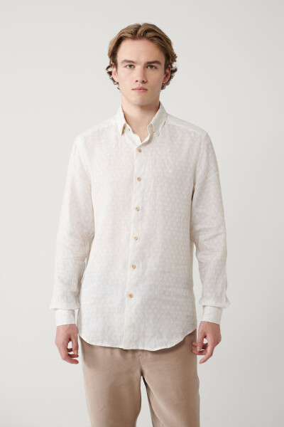 Men's Beige Shirt with British Collar and Leaf Pattern, 100% Linen Regular Fit A41y2120 - 9