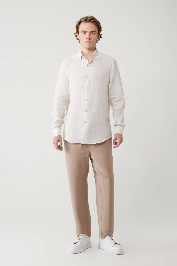 Men's Beige Shirt with British Collar and Leaf Pattern, 100% Linen Regular Fit A41y2120 - 12