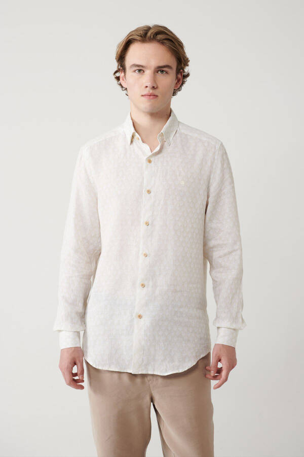 Men's Beige Shirt with British Collar and Leaf Pattern, 100% Linen Regular Fit A41y2120 - 3