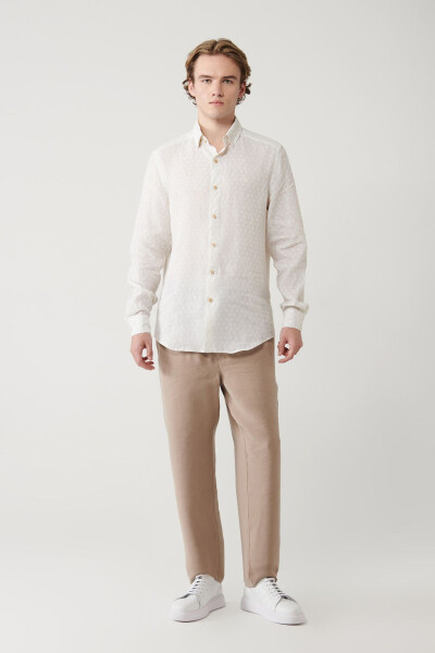 Men's Beige Shirt with British Collar and Leaf Pattern, 100% Linen Regular Fit A41y2120 - 6