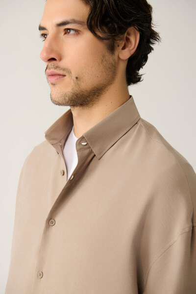 Men's Beige Shirt with Henley Neck Modal Fabric Oversize Fit A41y2168 - 9