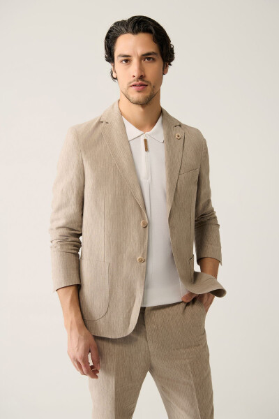 Men's Beige Single-Breasted Unlined Linen Blend Linen Touch Suit Jacket A41y4060 - 1