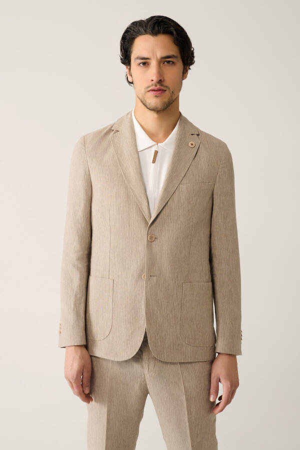 Men's Beige Single-Breasted Unlined Linen Blend Linen Touch Suit Jacket A41y4060 - 3