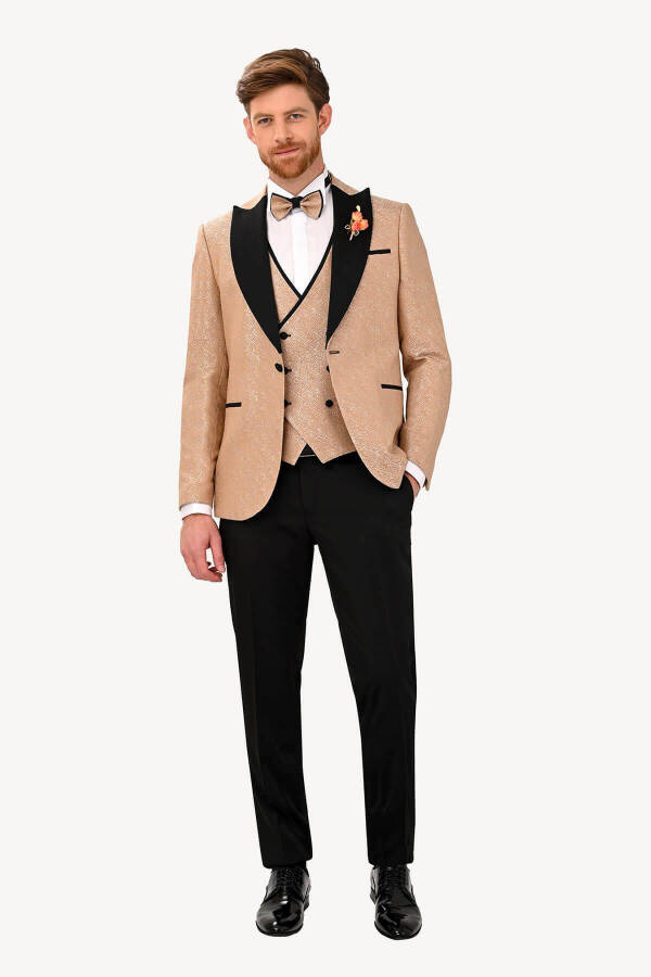 Men's Beige Slim Fit Tuxedo with Swallow Collar Pattern - 9