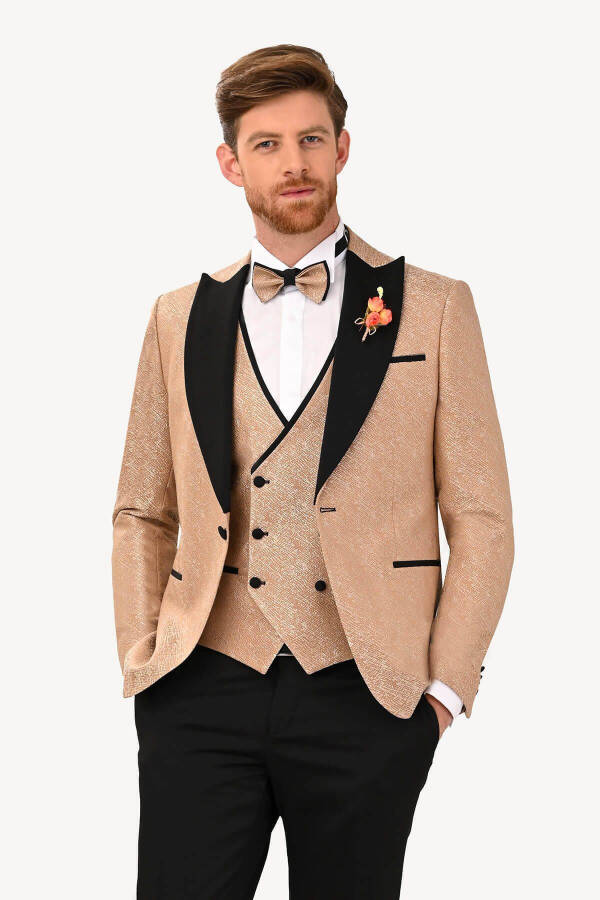 Men's Beige Slim Fit Tuxedo with Swallow Collar Pattern - 10