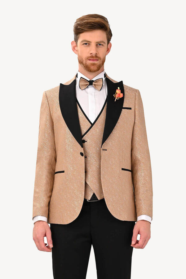 Men's Beige Slim Fit Tuxedo with Swallow Collar Pattern - 11