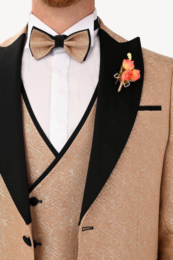 Men's Beige Slim Fit Tuxedo with Swallow Collar Pattern - 12