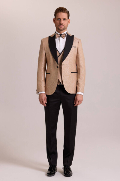 Men's Beige Slim Fit Tuxedo with Swallow Collar Pattern - 1