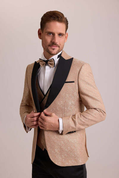 Men's Beige Slim Fit Tuxedo with Swallow Collar Pattern - 2