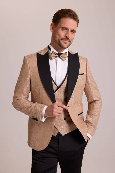 Men's Beige Slim Fit Tuxedo with Swallow Collar Pattern - 3