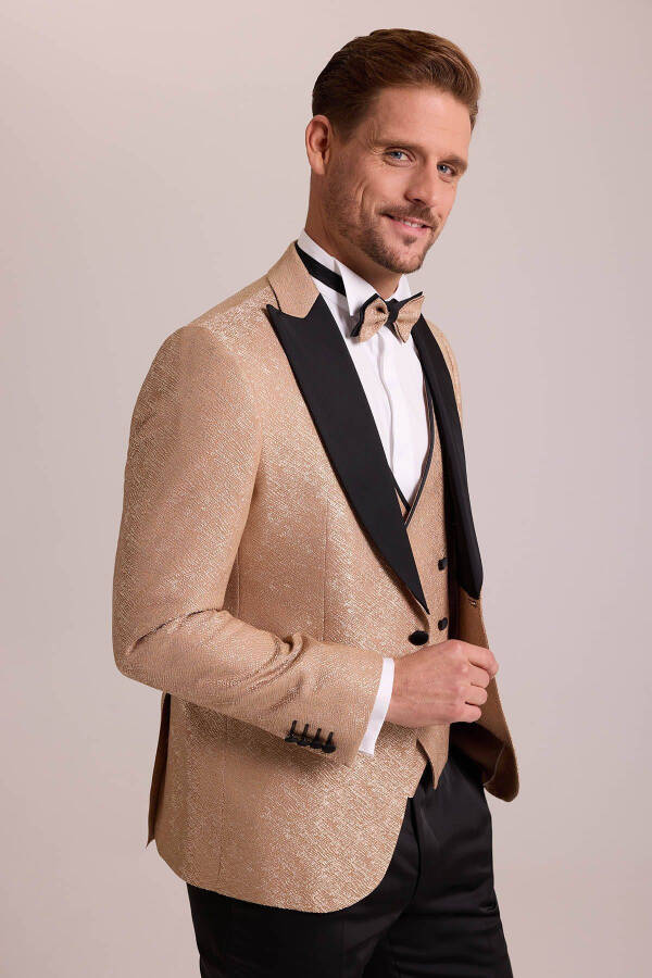 Men's Beige Slim Fit Tuxedo with Swallow Collar Pattern - 4