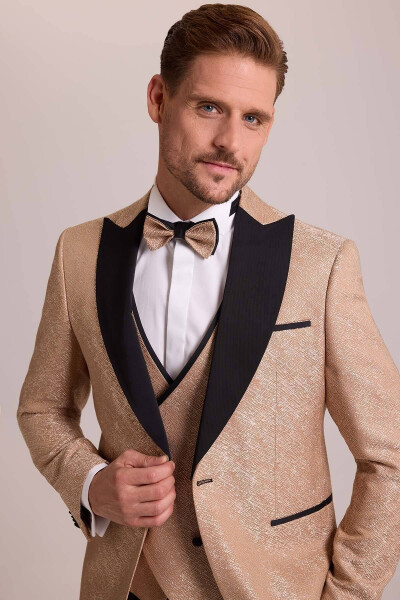 Men's Beige Slim Fit Tuxedo with Swallow Collar Pattern - 5