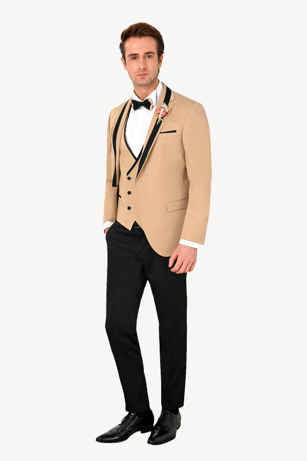 Men's Beige Slim Fit Waistcoat Shawl Collar Tuxedo - 6