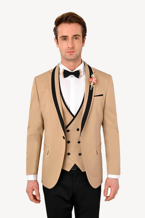 Men's Beige Slim Fit Waistcoat Shawl Collar Tuxedo - 7