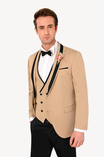 Men's Beige Slim Fit Waistcoat Shawl Collar Tuxedo - 8