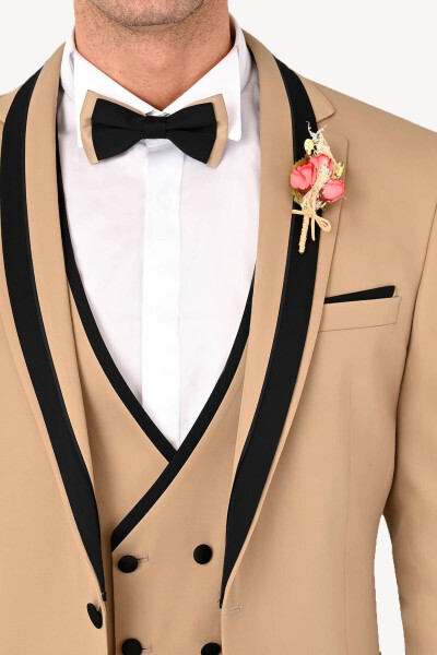 Men's Beige Slim Fit Waistcoat Shawl Collar Tuxedo - 4