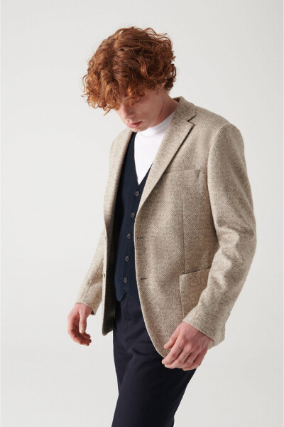 Men's beige wool blend slim fit jacket - 1