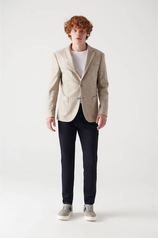 Men's beige wool blend slim fit jacket - 5