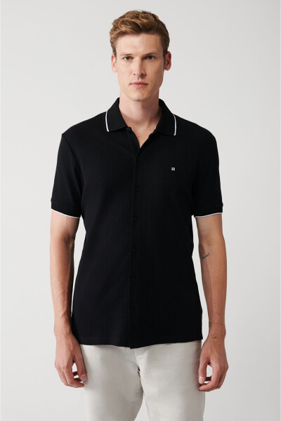 Men's Black 100% Cotton Ribbed Jacquard Short Sleeve Knit Regular Fit Shirt A31y2239 - 11