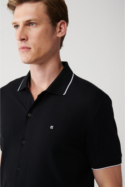 Men's Black 100% Cotton Ribbed Jacquard Short Sleeve Knit Regular Fit Shirt A31y2239 - 12