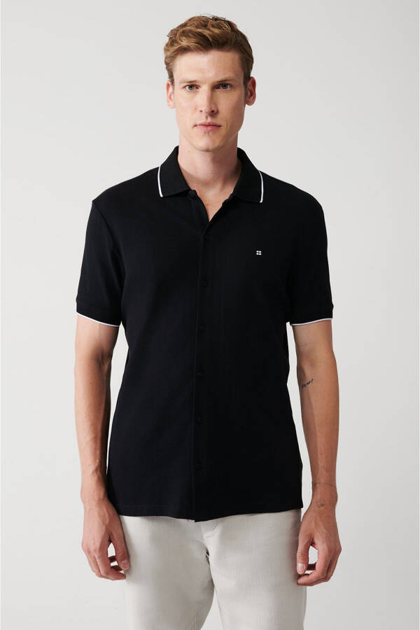 Men's Black 100% Cotton Ribbed Jacquard Short Sleeve Knit Regular Fit Shirt A31y2239 - 1