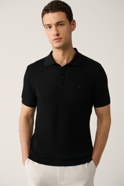 Men's Black 3 Button Modal Polo Neck Knit T-shirt Textured Ribbed Regular Fit B005009 - 7