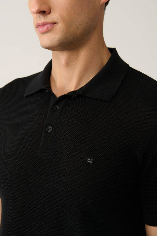 Men's Black 3 Button Modal Polo Neck Knit T-shirt Textured Ribbed Regular Fit B005009 - 8