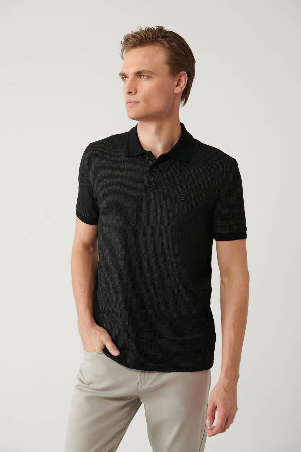 Men's Black 3-Button Polo Collar Jacquard Regular Fit T-shirt A41y1051 - 7