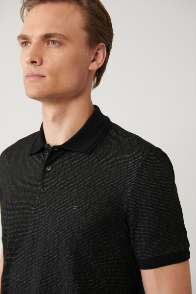 Men's Black 3-Button Polo Collar Jacquard Regular Fit T-shirt A41y1051 - 8