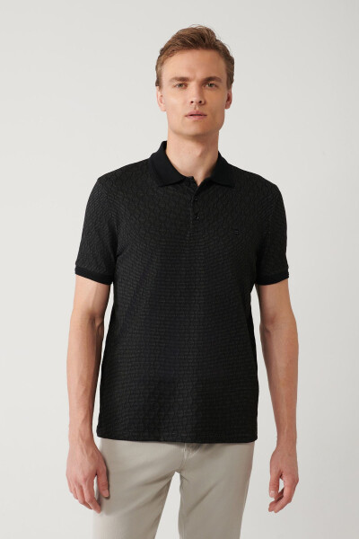 Men's Black 3-Button Polo Collar Jacquard Regular Fit T-shirt A41y1051 - 9