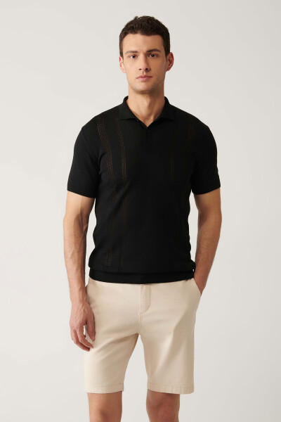 Men's Black 3 Button Polo Collar Knit T-shirt with Lace Detail Regular Fit - 1