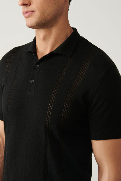 Men's Black 3 Button Polo Collar Knit T-shirt with Lace Detail Regular Fit - 2