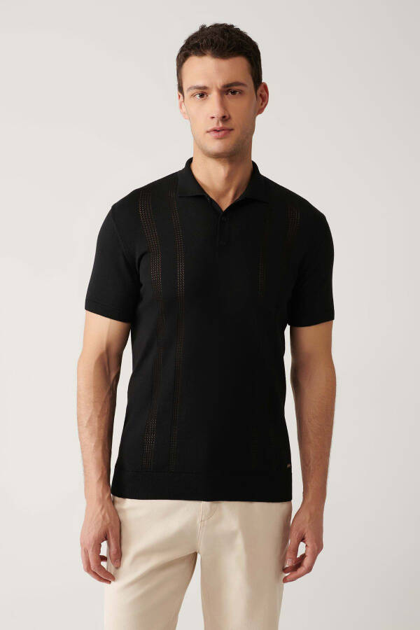 Men's Black 3 Button Polo Collar Knit T-shirt with Lace Detail Regular Fit - 3