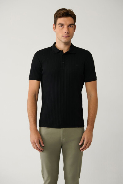 Men's Black 3-Button Polo Collar T-Shirt Jacquard Regular Fit A41y1354 - 3