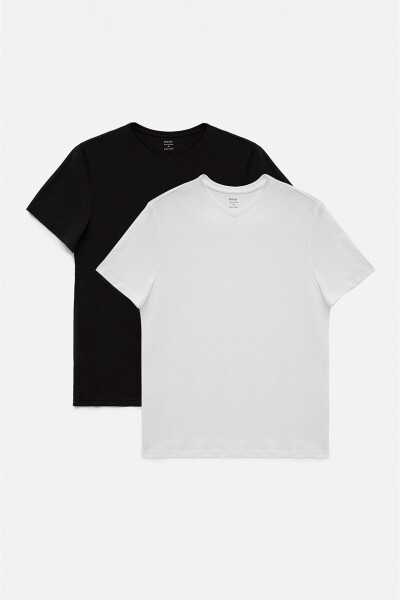 Men's Black and White T-shirt 2 Pack V Neck Plain 100% Cotton Regular Fit E001022 - 1