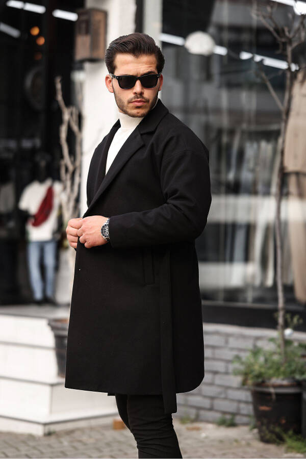 Men's Black Belted Oversized Relaxed Fit Wool Coat - 1