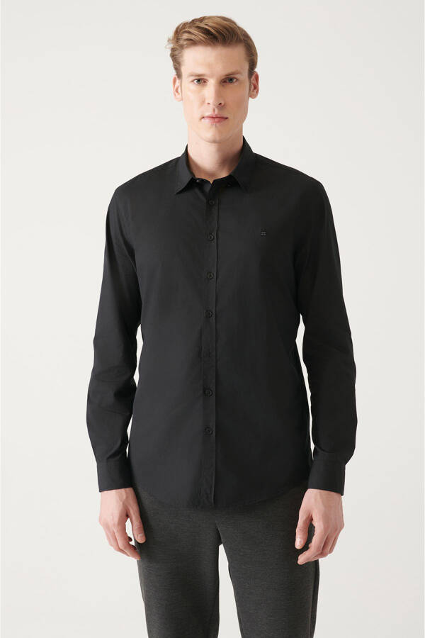 Men's Black Button-Down Collar Basic 100% Cotton Slim Fit Shirt B002030 - 6