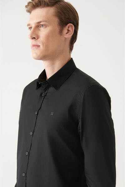 Men's Black Button-Down Collar Basic 100% Cotton Slim Fit Shirt B002030 - 7