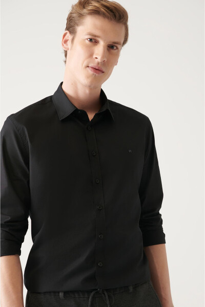 Men's Black Button-Down Collar Basic 100% Cotton Slim Fit Shirt B002030 - 8