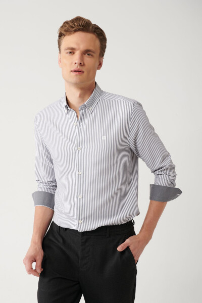 Men's Black Button-Down Collar Cotton Easy Iron Striped Slim Fit Shirt A32y2088 - 6