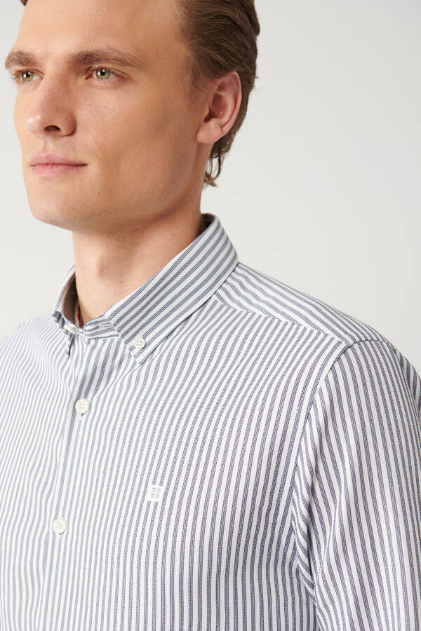 Men's Black Button-Down Collar Cotton Easy Iron Striped Slim Fit Shirt A32y2088 - 2