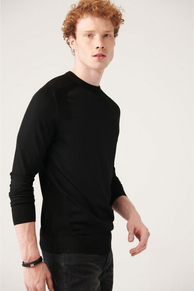 Men's Black Crew Neck Jacquard Rayon Slim Fit T-Shirt - 8