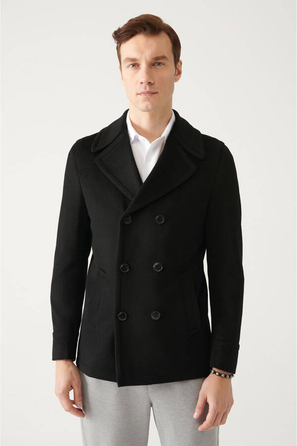 Men's Black Double Breasted Wool Peacoat - 6