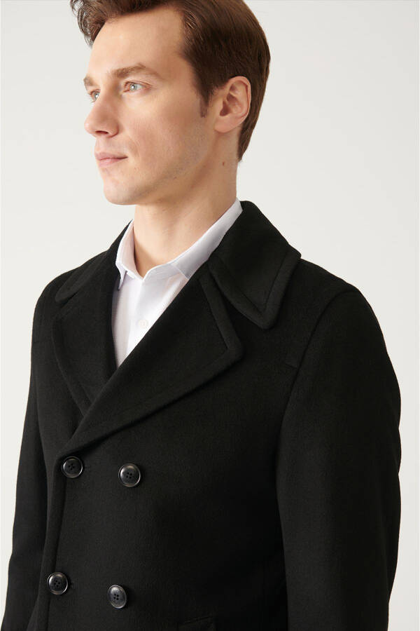 Men's Black Double Breasted Wool Peacoat - 7