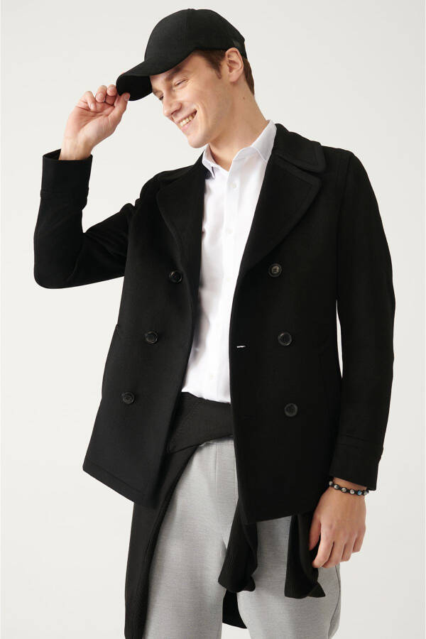 Men's Black Double Breasted Wool Peacoat - 8