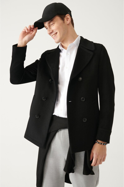 Men's Black Double Breasted Wool Peacoat - 3