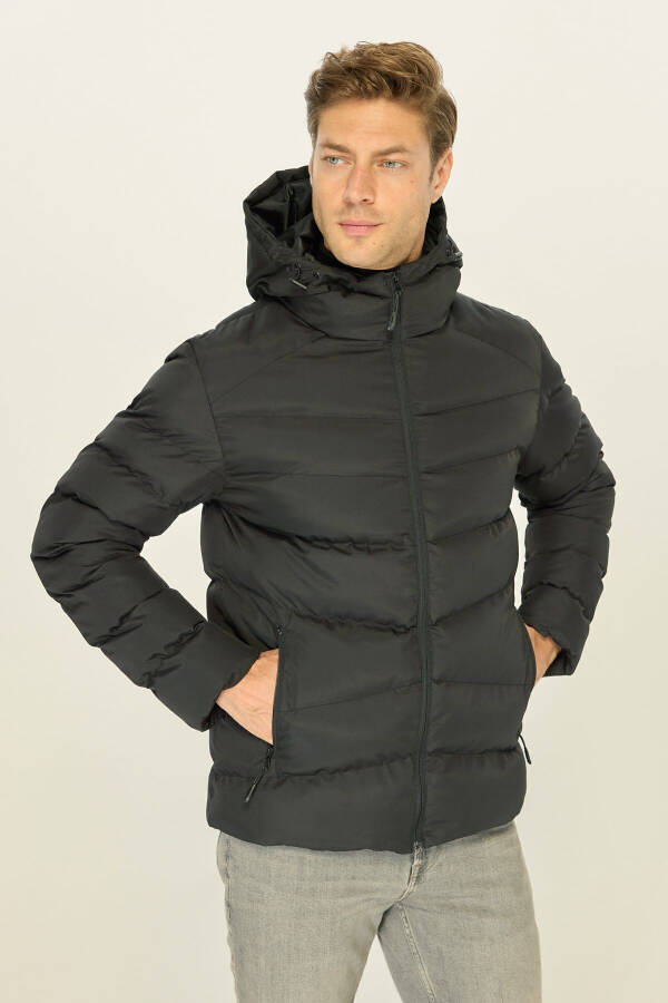 Men's Black Fleece-Lined Hooded Windproof Puffer Winter Jacket - 4